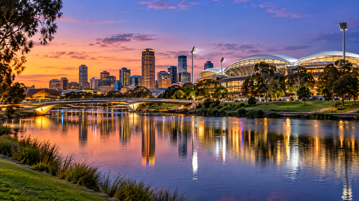Adelaide Oval and the River Torrens at dusk