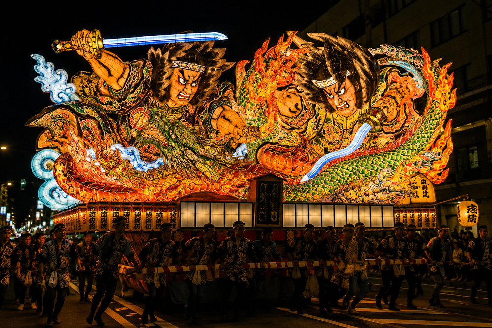 An illuminated Nebuta festival float paraded through Aomori at night