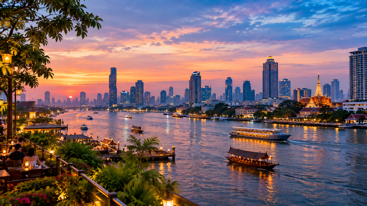 Wat Arun lit up at dusk across the Chao Phraya river, Bangkok