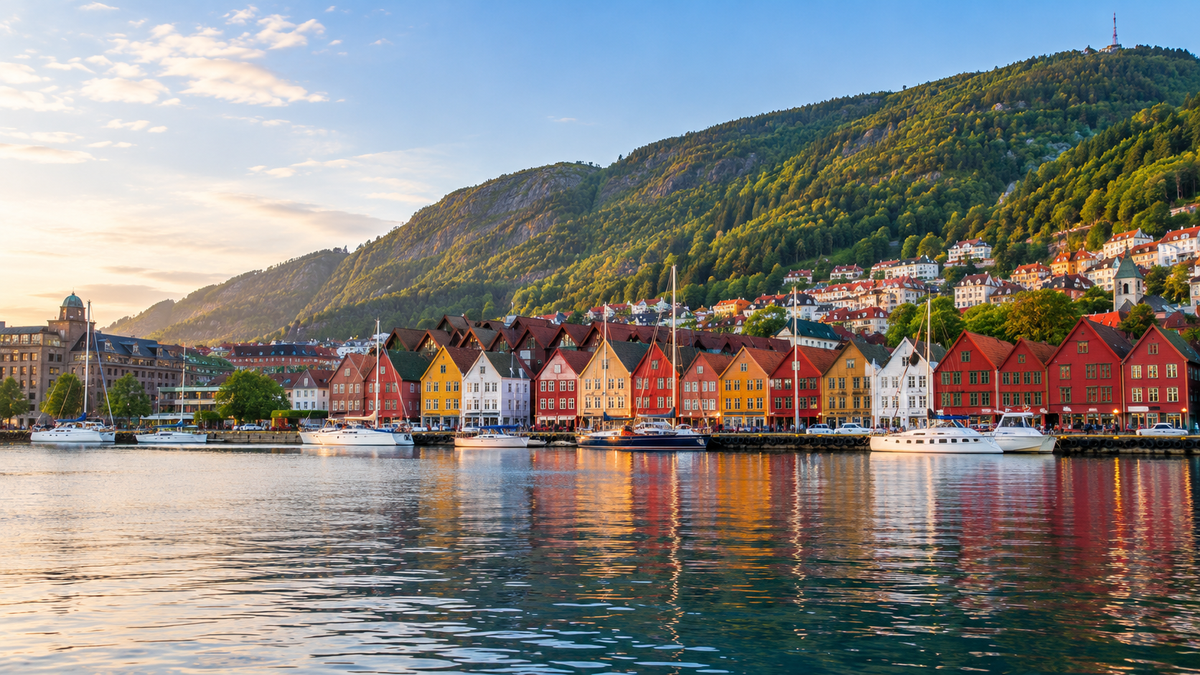 The colourful wooden wharf houses of Bryggen on Bergen's harbour