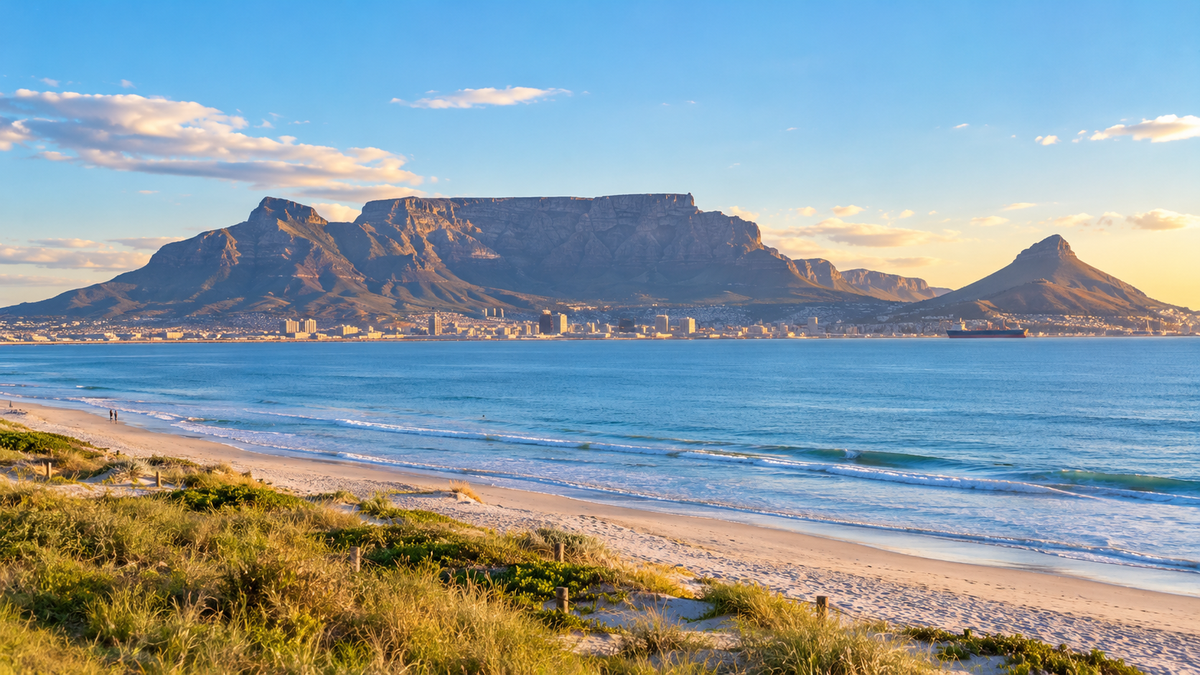 Table Mountain's flat top seen across Table Bay from Bloubergstrand beach