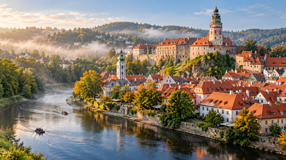 Český Krumlov Castle above the bend of the Vltava river