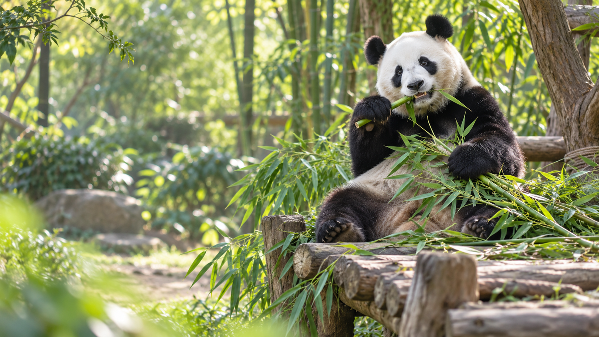 A giant panda eating bamboo at the Chengdu Research Base of Giant Panda Breeding
