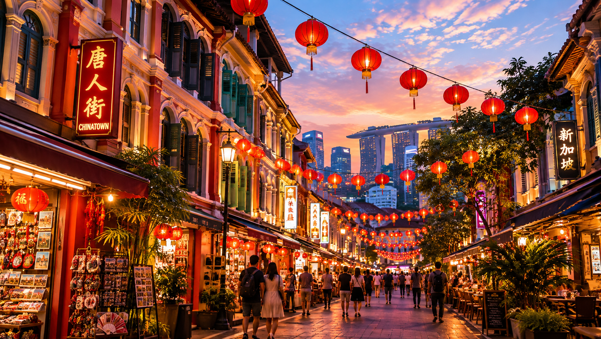Pagoda Street shophouses in Singapore with red lanterns strung overhead