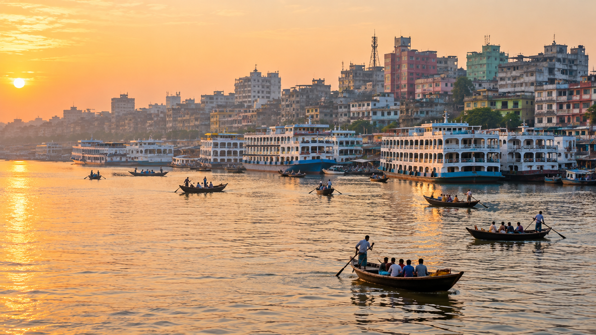 Wooden boats crossing the Buriganga river at Sadarghat in Old Dhaka