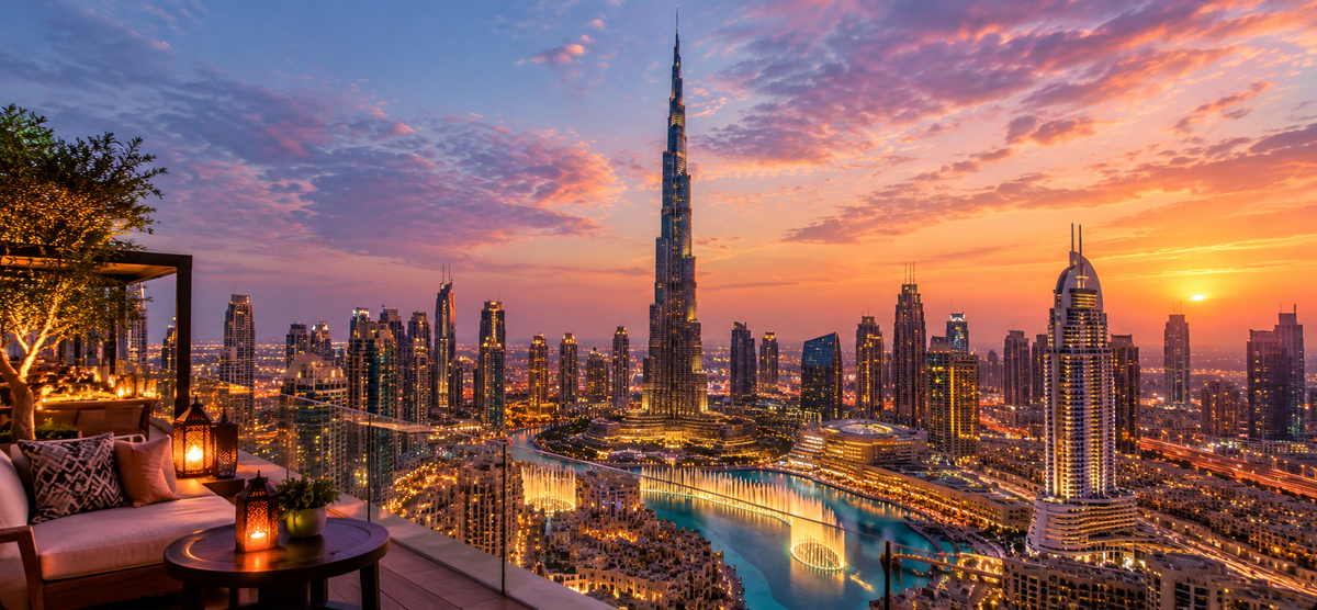 The Burj Khalifa rising over Downtown Dubai at dusk