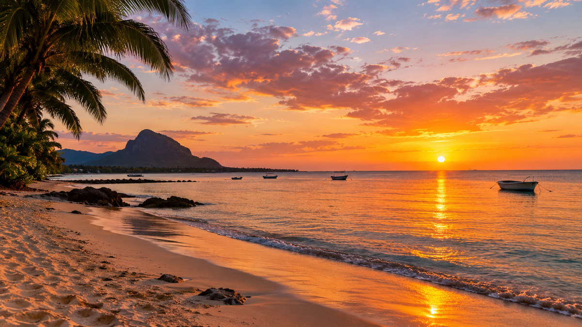 Sunset over the beach at Flic en Flac on the west coast of Mauritius