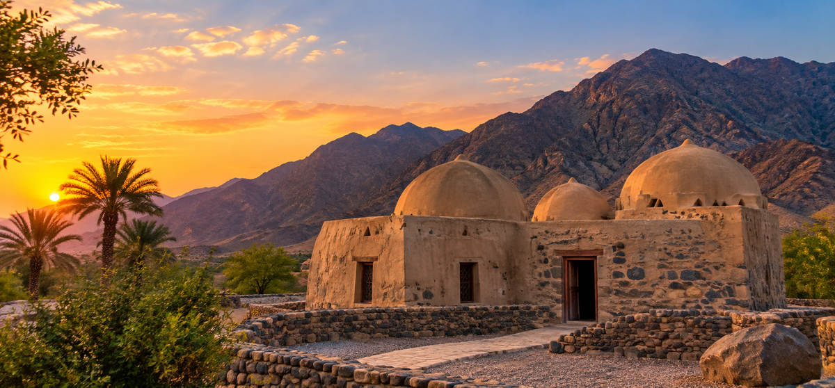 The four mud-brick domes of Al Bidya Mosque against the Hajar mountains, Fujairah
