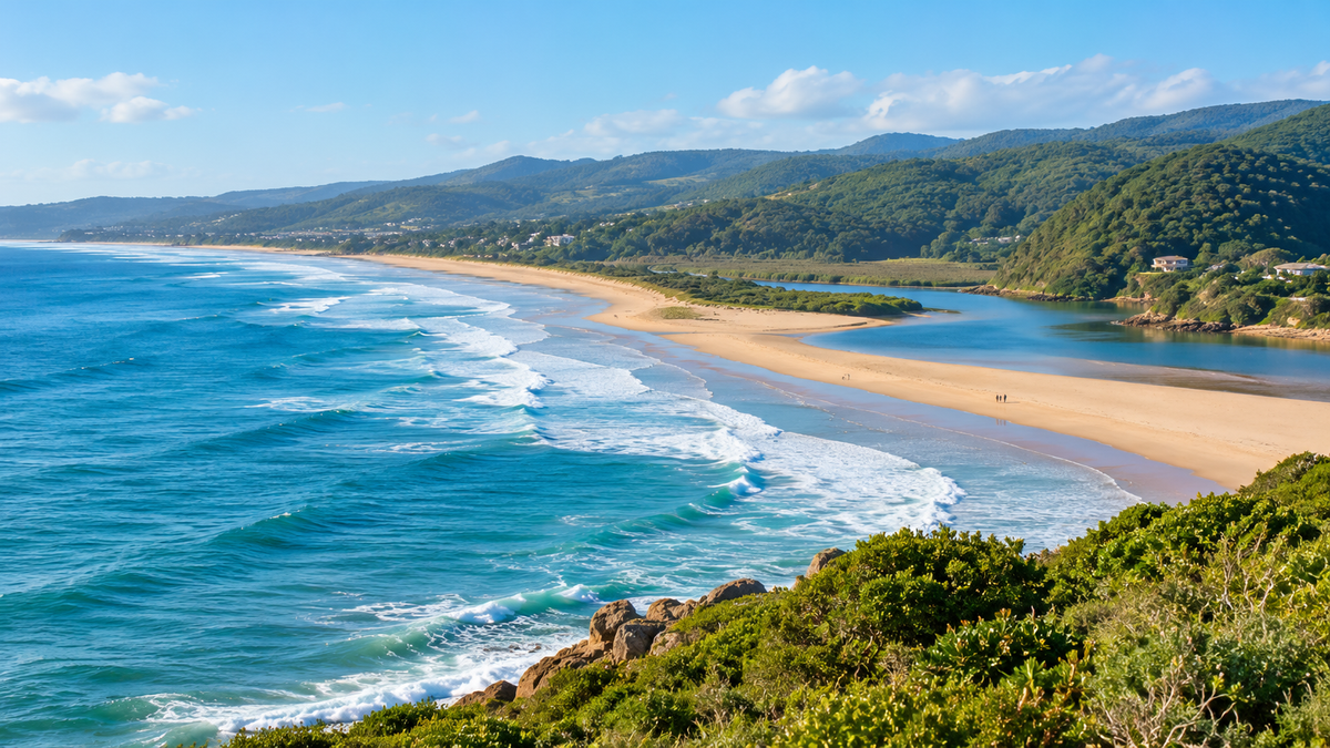 The beach and the Kaaimans River mouth at Wilderness, below forested hills on the Garden Route