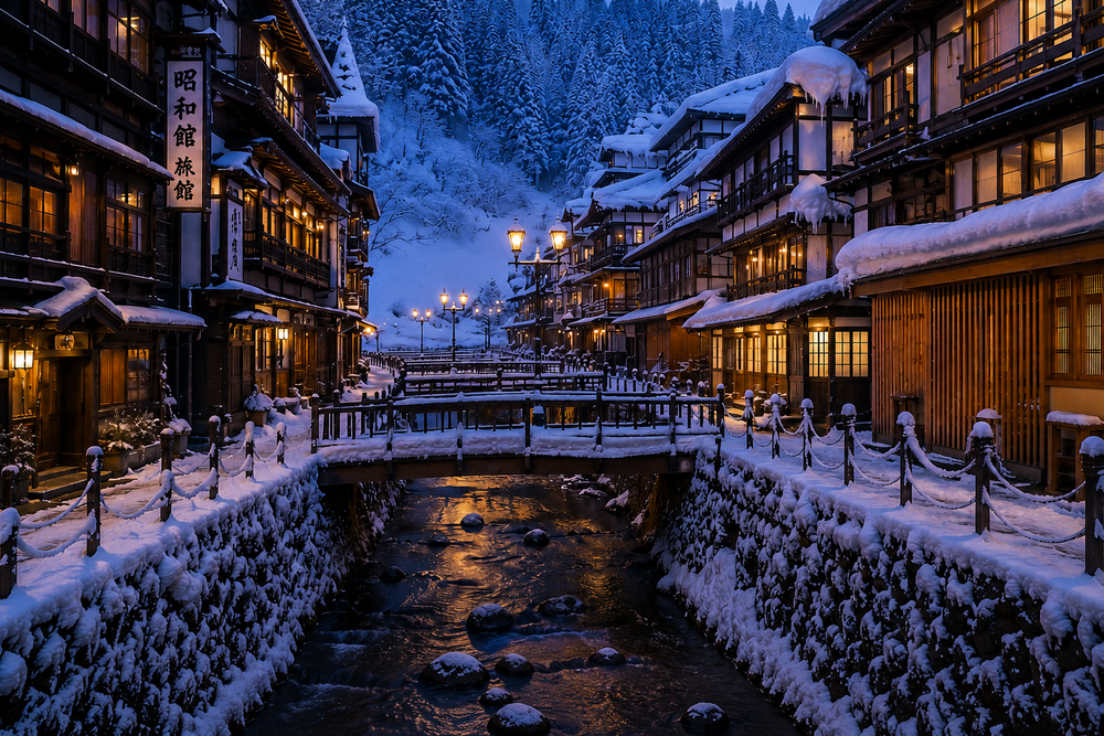 Wooden inns lining the river at Ginzan Onsen under deep snow, Yamagata