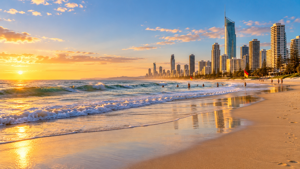 The beach and the high-rise skyline of Surfers Paradise