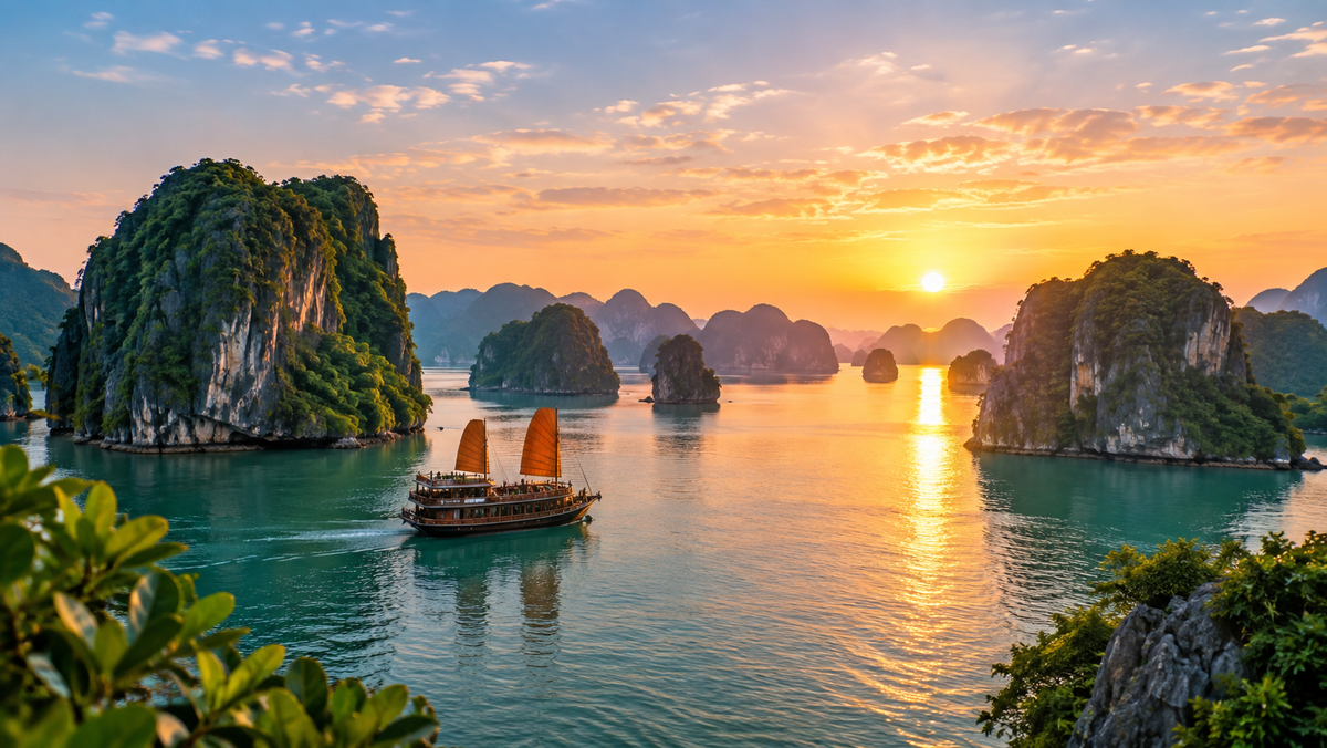 Limestone karsts rising from the water in Ha Long Bay at dawn