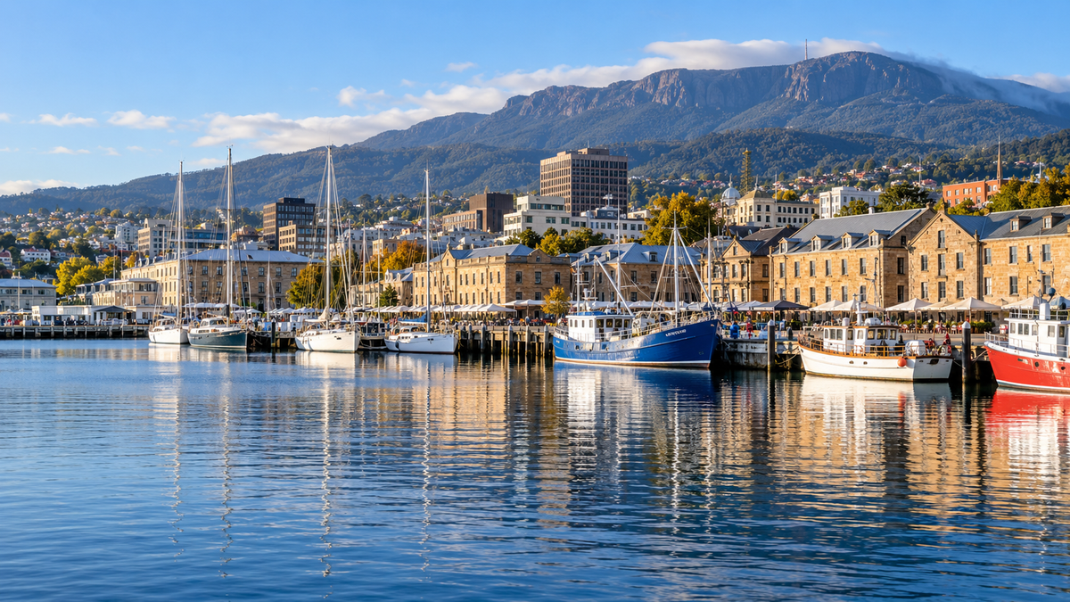 Boats in Constitution Dock in Hobart, with kunanyi / Mount Wellington behind