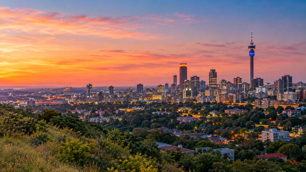 The Johannesburg skyline at dusk, with the Hillbrow Tower and the city centre towers