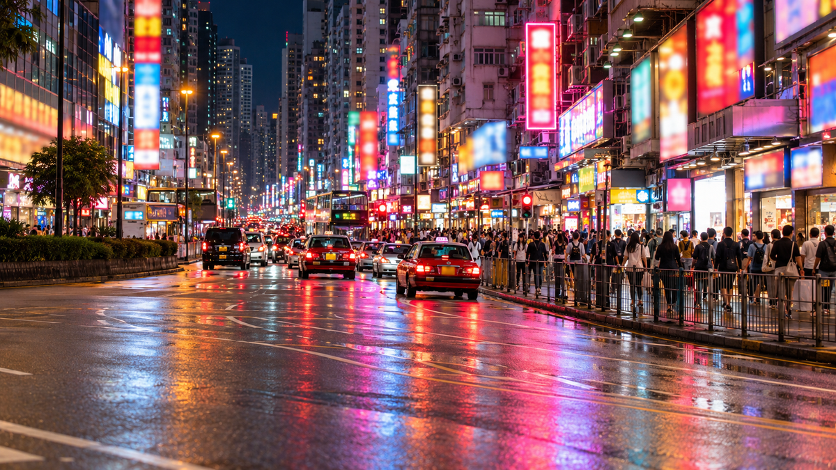 A crowded Mong Kok street of lit-up signs at night