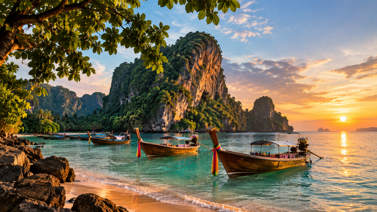 Longtail boats moored below the limestone cliffs of Railay West Beach, Krabi
