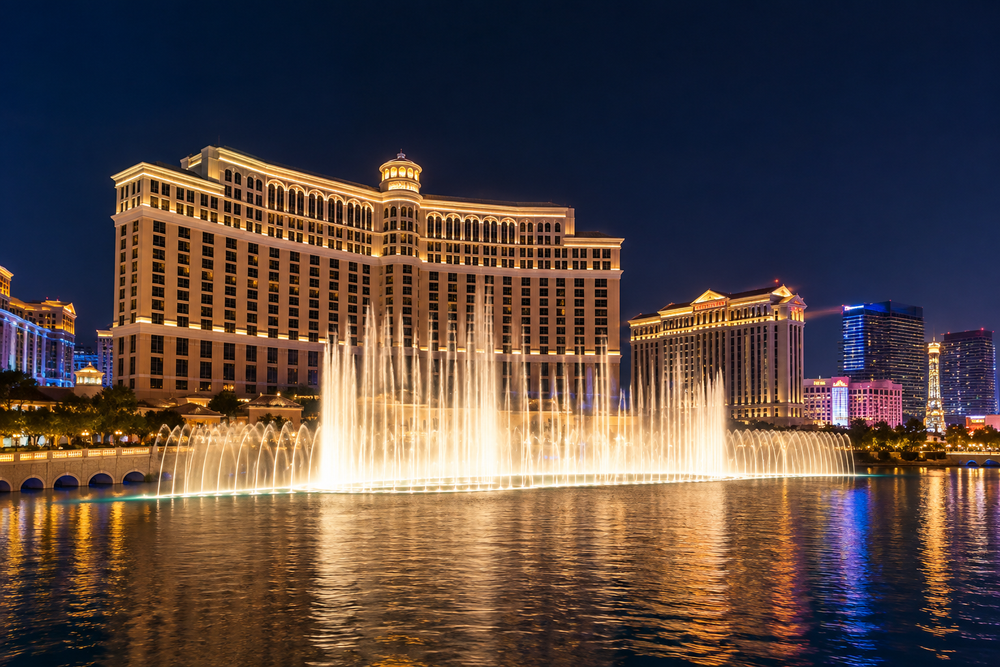The Las Vegas Strip at night with the Bellagio Fountains
