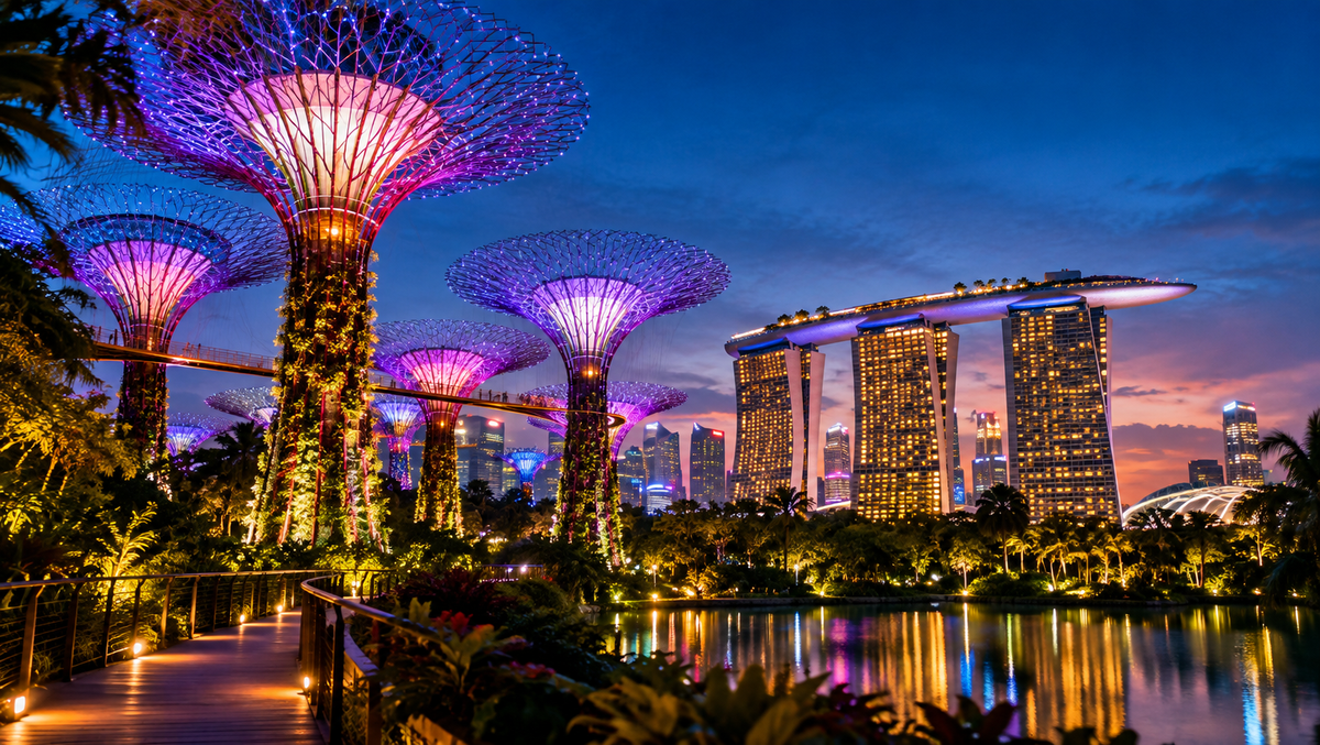 The Supertree Grove lit up at night with the Marina Bay Sands towers behind