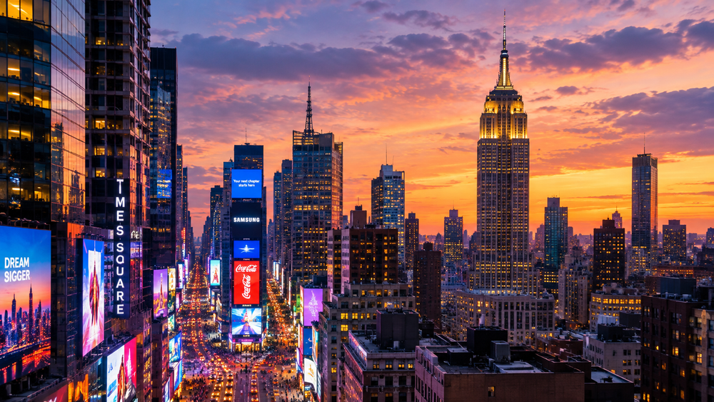 Times Square and the Empire State Building at dusk, Midtown Manhattan