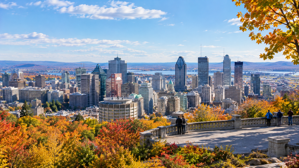 Montreal's downtown skyline seen from the Kondiaronk Belvedere on Mount Royal in autumn