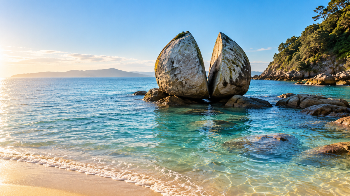 Split Apple Rock in clear water off a golden beach near Abel Tasman National Park