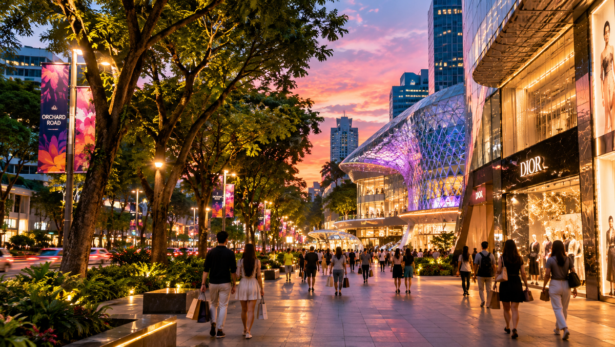 Shoppers on the tree-lined Orchard Road strip in Singapore at dusk