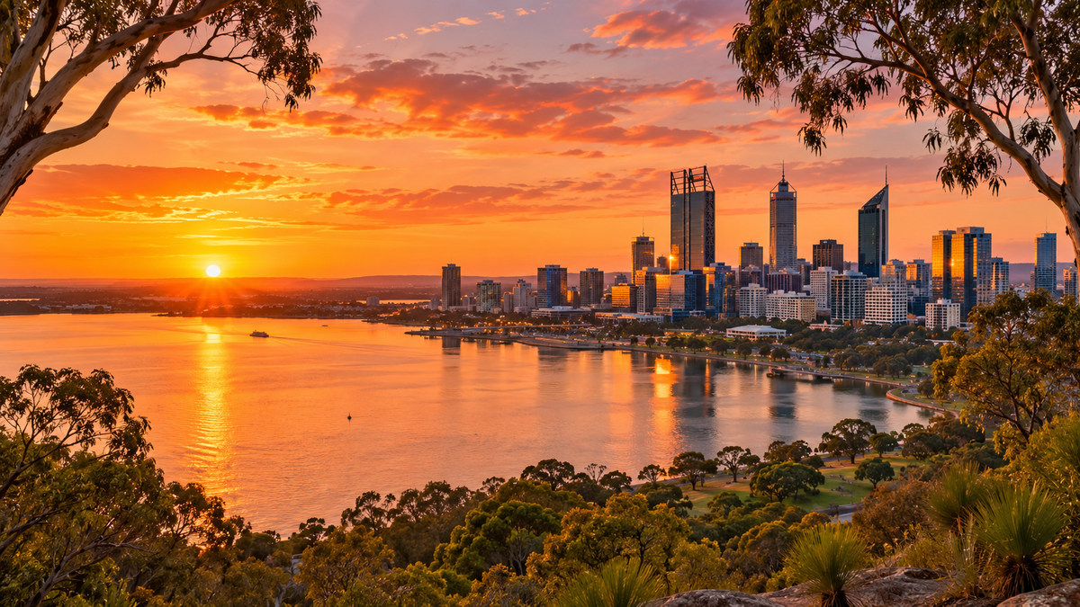 The Perth skyline and the Swan River seen from Kings Park at sunset