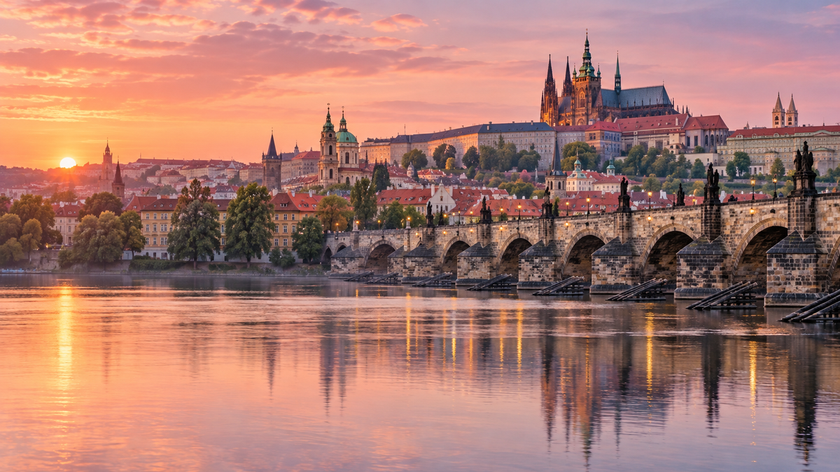 Prague Castle and the Charles Bridge above the Vltava at sunset