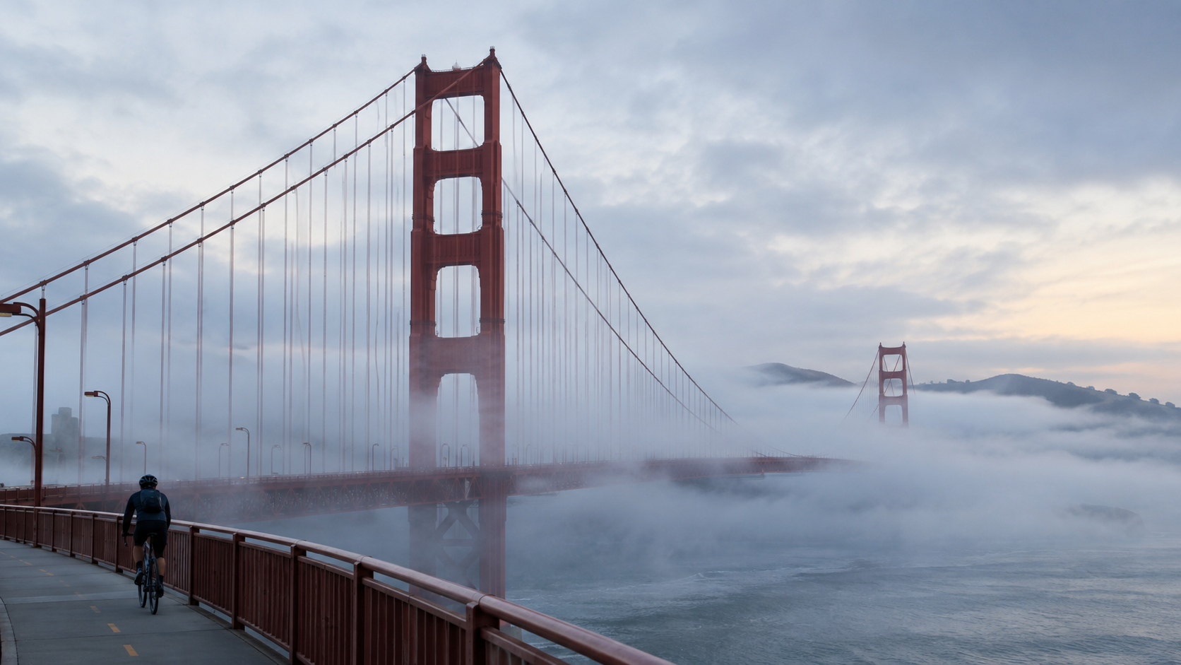 The Golden Gate Bridge in morning fog