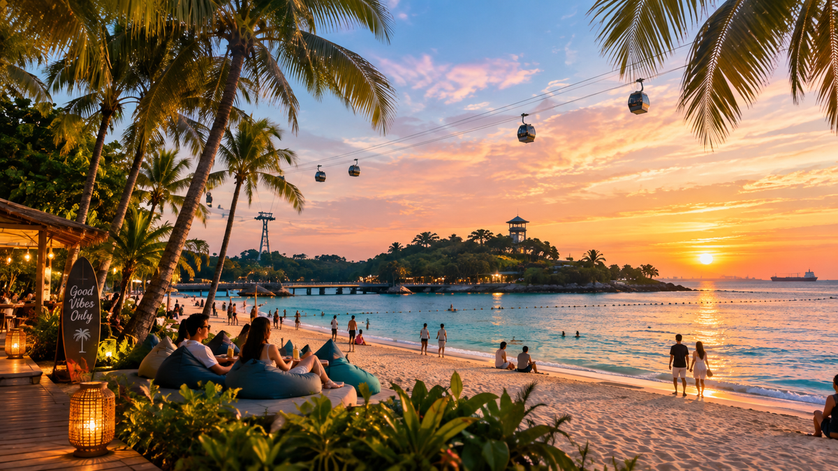 Siloso Beach on Sentosa island, Singapore, with palms and the cable car overhead