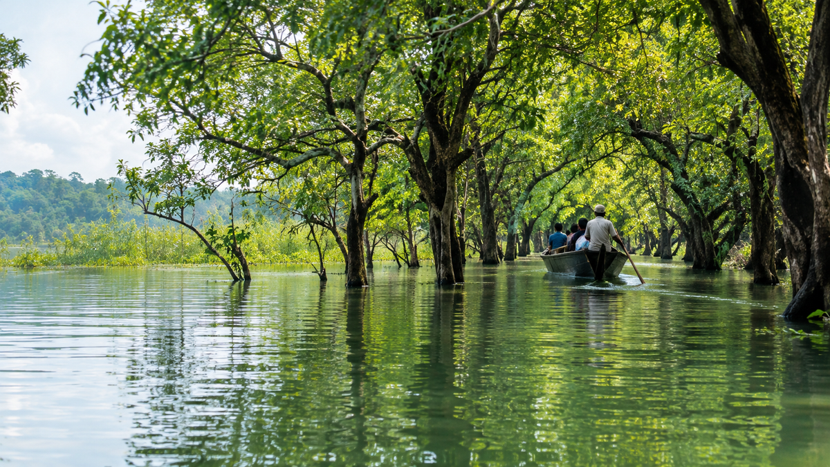 A boat between flooded trees in Ratargul Swamp Forest near Sylhet