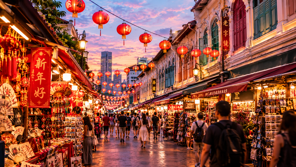 The street market and shophouse streets, Chinatown Singapore