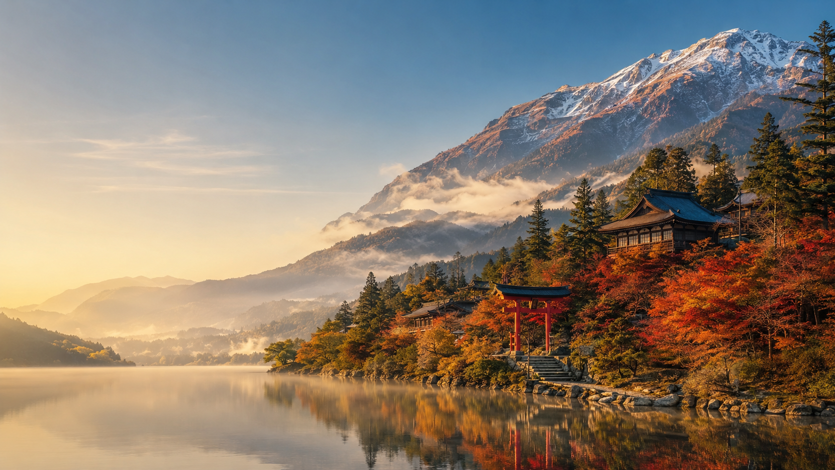 Snow-capped Mount Zao rising behind cherry blossom, Yamagata