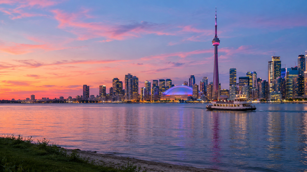 The Toronto skyline and the CN Tower seen from the Toronto Islands at dusk