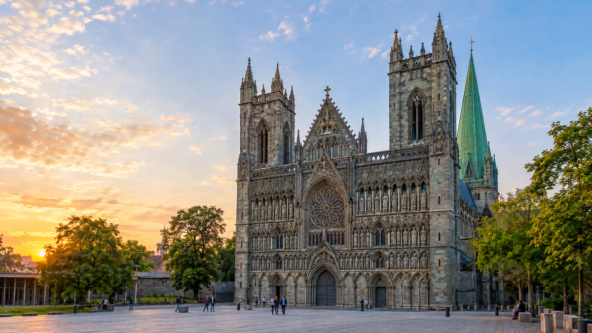 The carved west front of Nidaros Cathedral in Trondheim