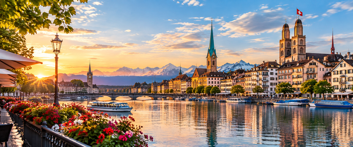 Zurich Old Town and the Grossmünster twin towers across the Limmat River