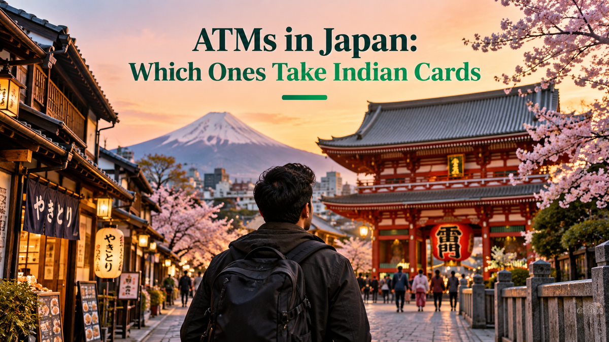 Traveller overlooking Mount Fuji and a traditional Japanese pagoda, with the headline “ATMs in Japan: Which Ones Take Indian Cards.