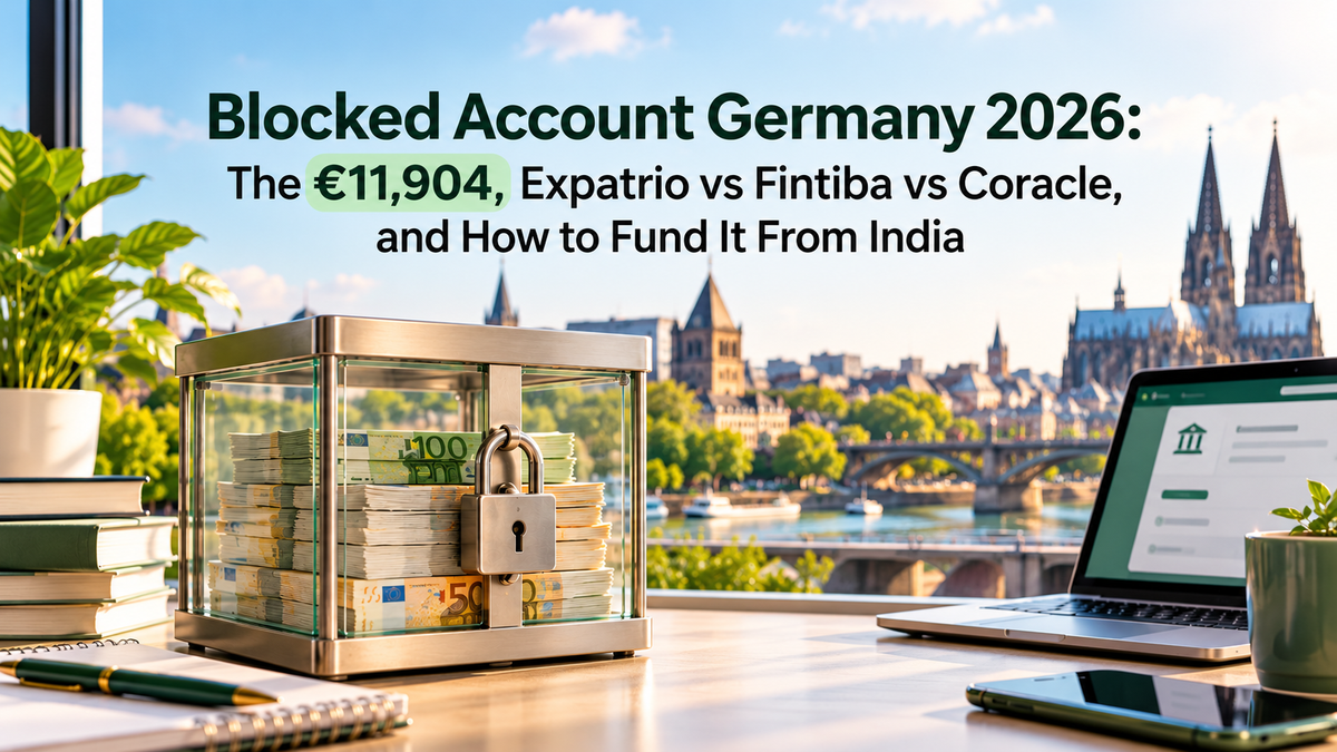 Blocked account Germany 2026 concept with locked euro funds, banking setup and German city background
