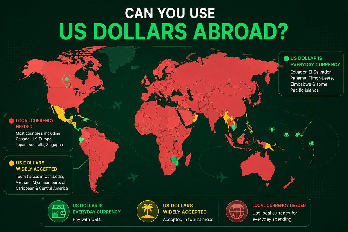 A world map showing where you can use US Dollar