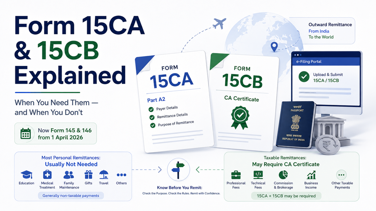 Form 15CA and 15CB explained for outward remittances from India, showing Form 15CA, Form 15CB, e-filing and when a CA certificate may be required.
