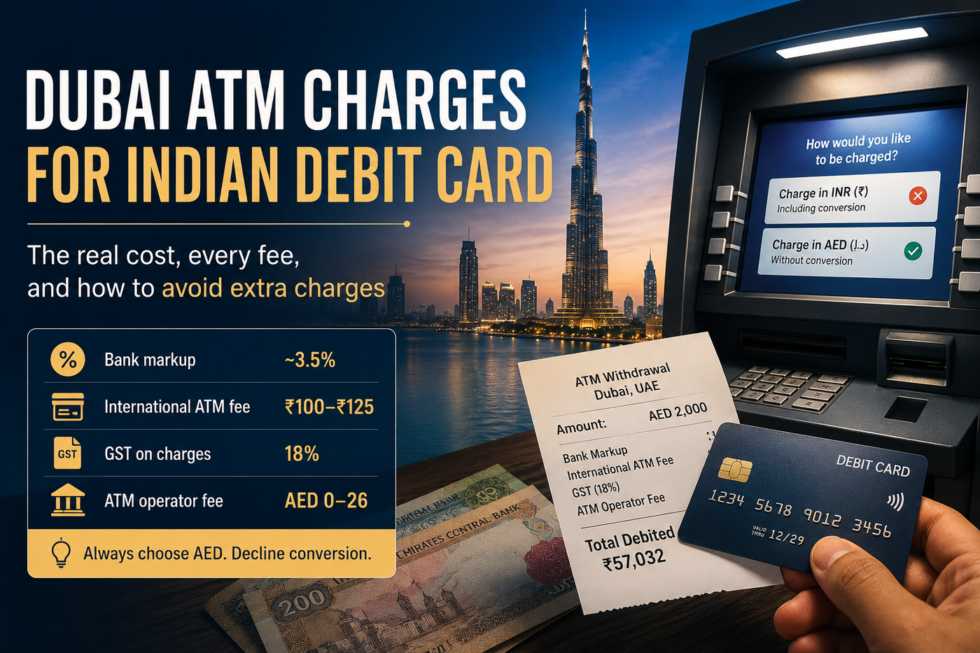 Dubai ATM charges for Indian debit cards showing withdrawal fees, currency conversion costs and the choice to pay in AED.