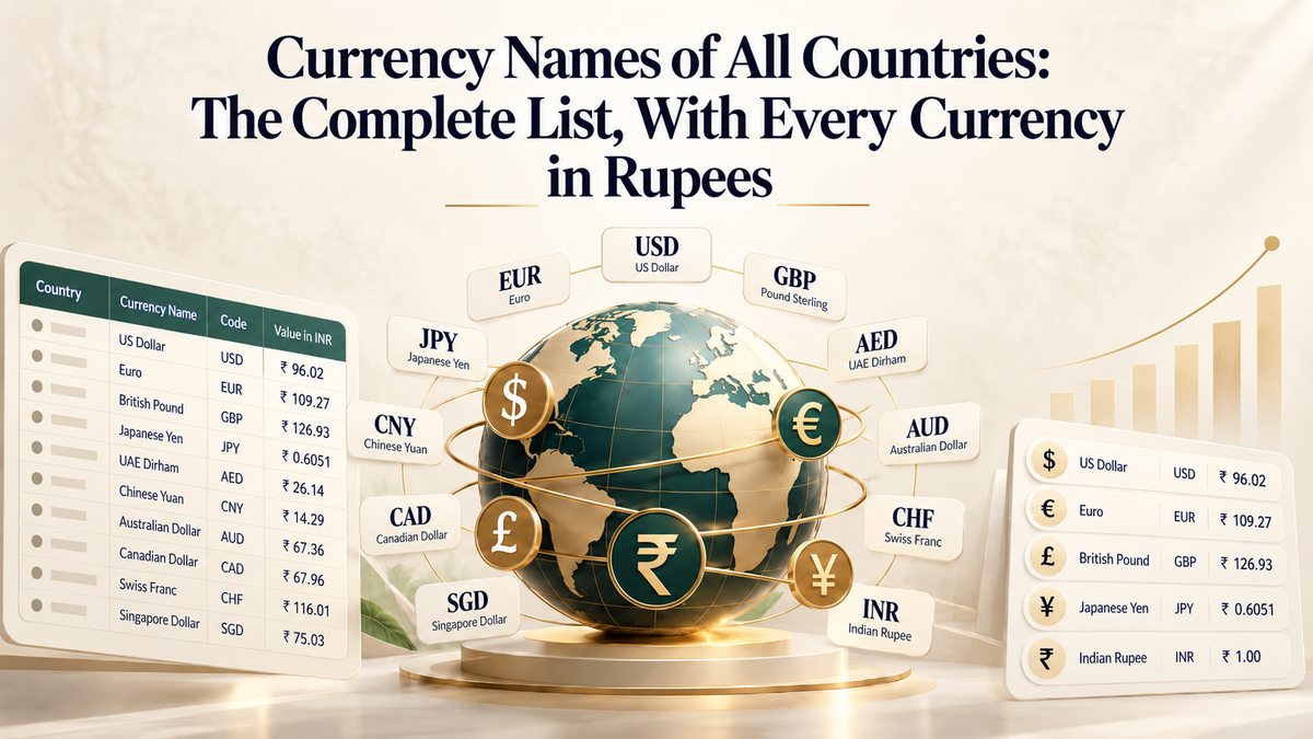 Currency names of all countries illustrated with a globe, international currency codes and values in Indian rupees.