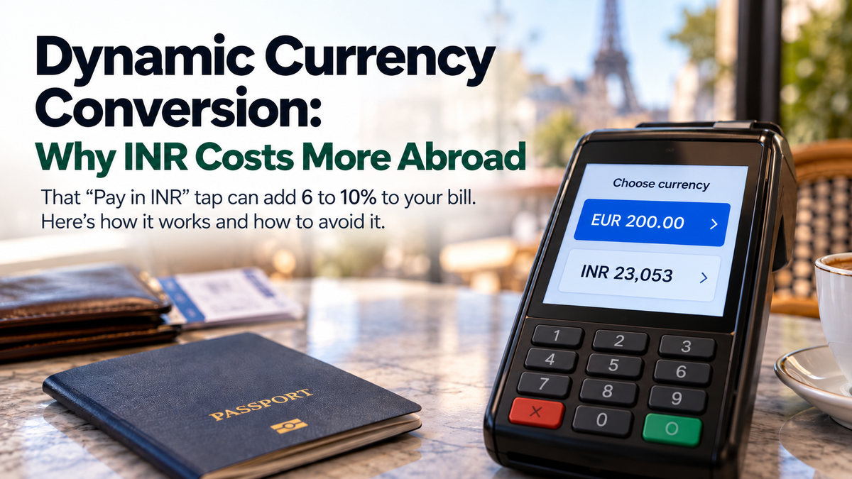 Dynamic currency conversion explained with a card terminal showing the choice between paying €200 in euros or ₹23,053 in Indian rupees abroad.