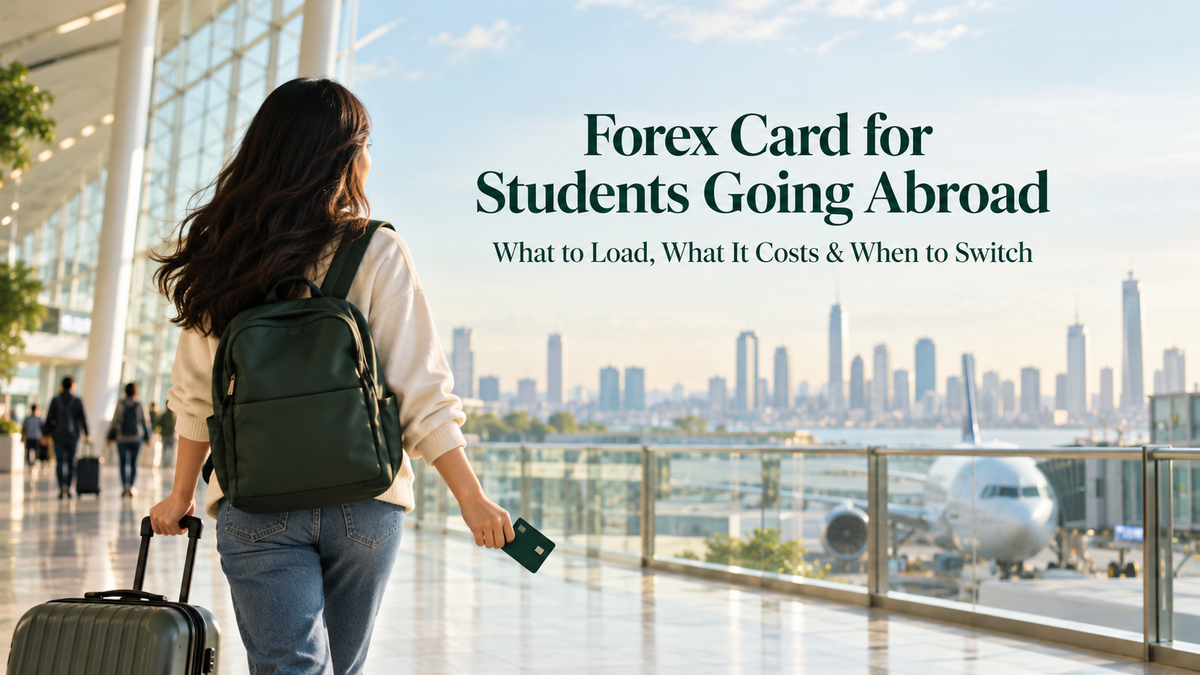 Forex card for students going abroad with an international student carrying luggage and a prepaid travel card at an airport