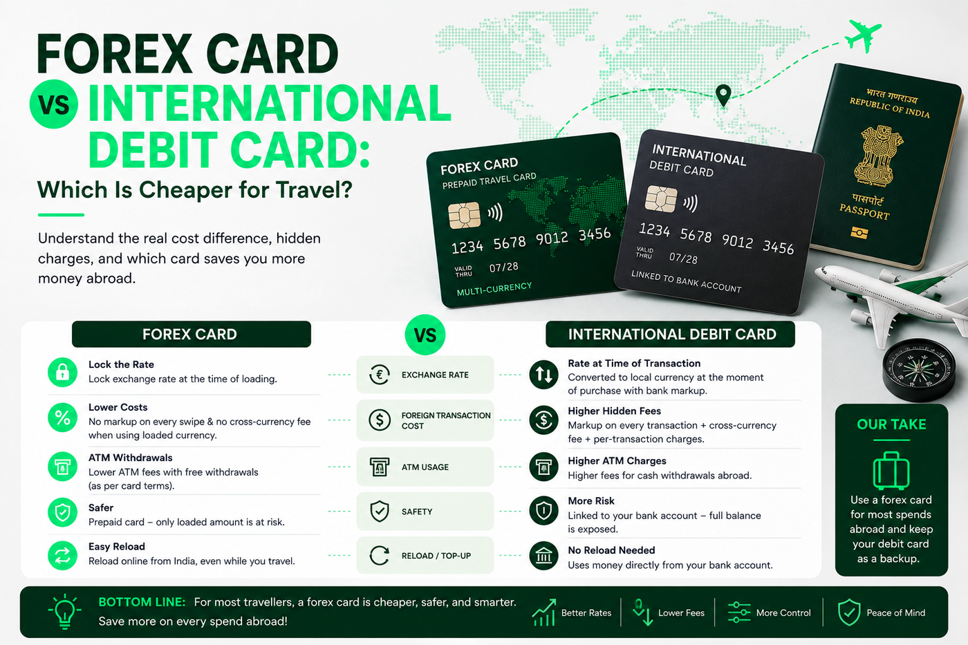 Comparison infographic showing a forex card vs international debit card for travel, highlighting exchange rates, fees, ATM charges, safety, and spending benefits.