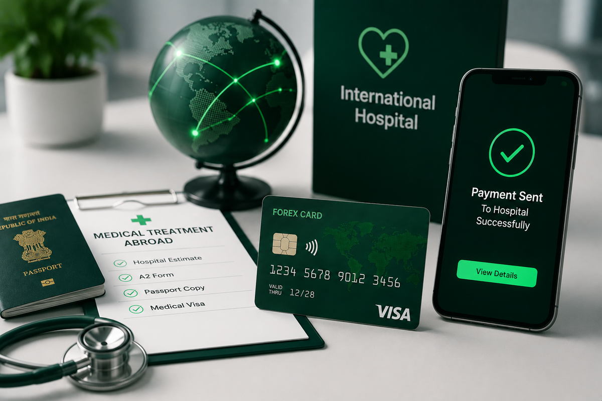 Indian passport, medical treatment abroad checklist, forex card, and hospital payment confirmation app for overseas medical travel expenses.