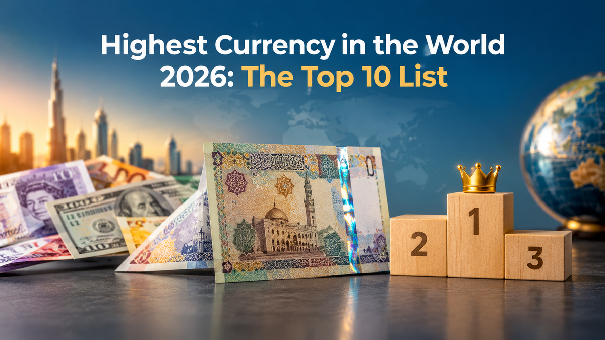 International banknotes beside a numbered currency ranking podium with a globe in the background
