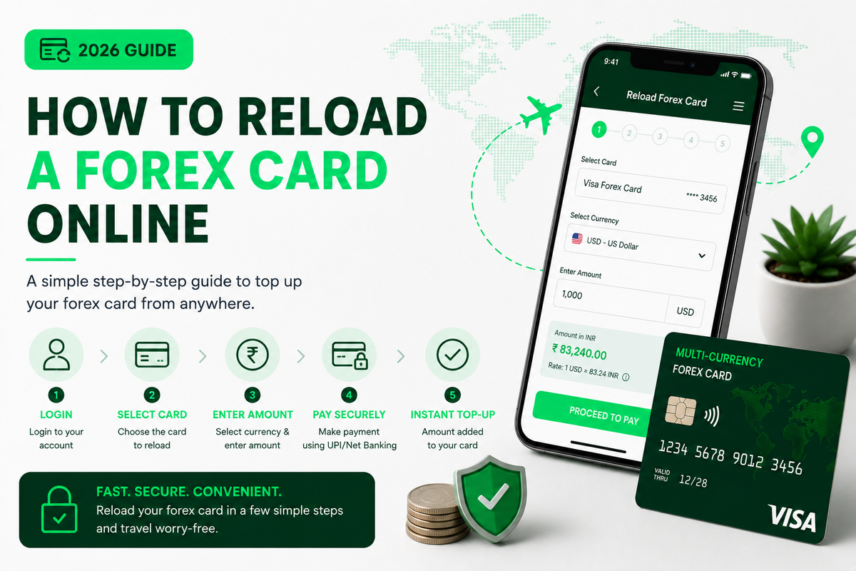 Step-by-step guide showing how to reload a forex card online using a mobile app, secure payment, and instant top-up for international travel.