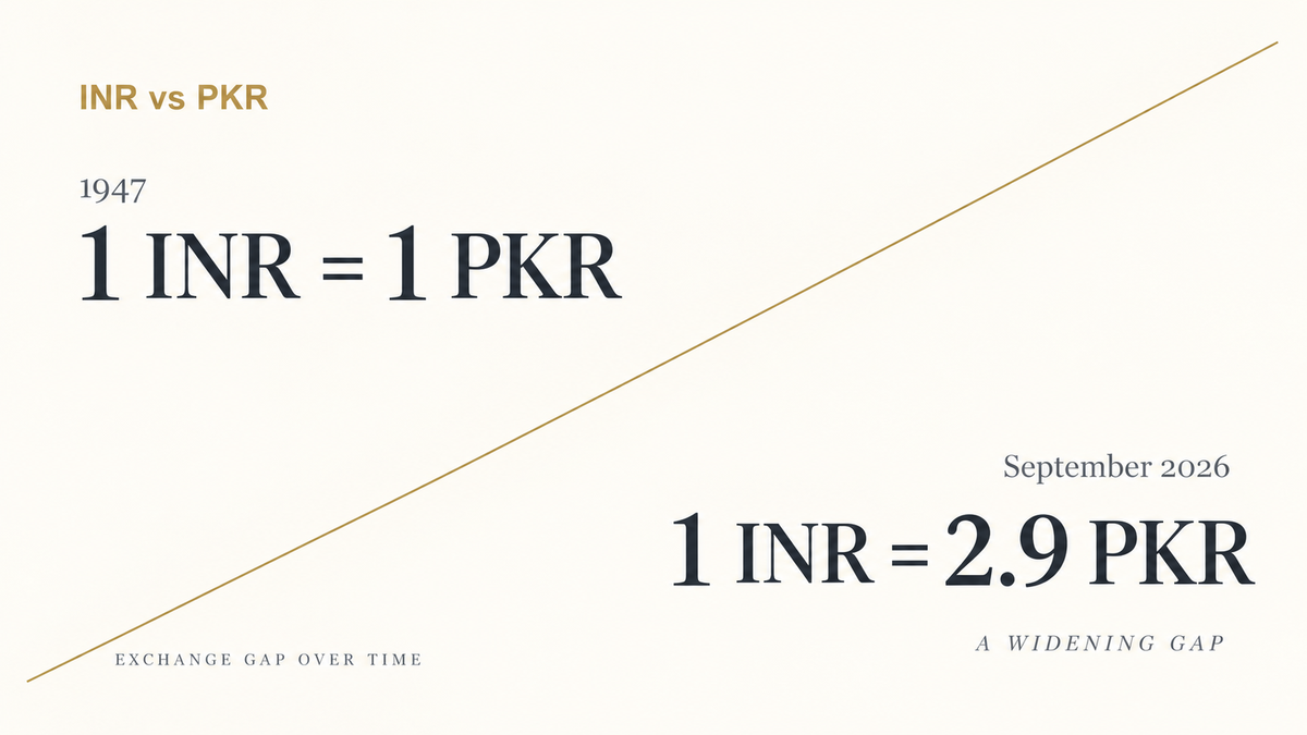 INR vs PKR comparison showing ₹1 equal to 1 Pakistani rupee in 1947 and ₹1 equal to 2.9 Pakistani rupees in September 2026.