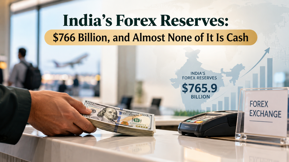 India's forex reserves explained, showing the $765.9 billion reserve figure alongside a foreign currency exchange counter.